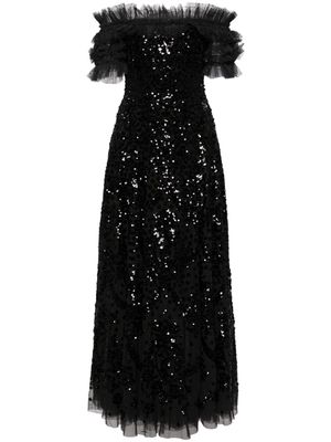 Needle & Thread Sequin Wreath off-shoulder gown - Black