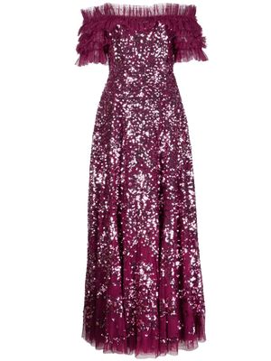 Needle & Thread sequinned off-shoulder maxi dress - Purple