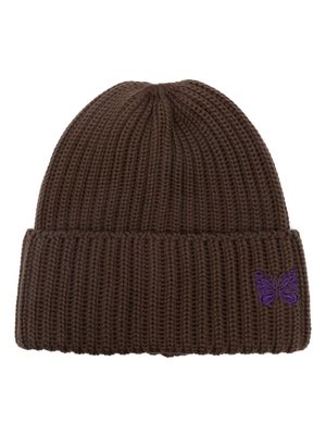 Needles logo-embroidered ribbed-knit beanie - Brown