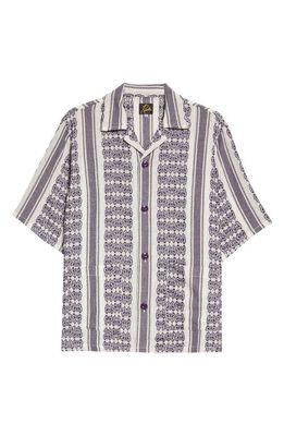 Needles Papillon Stripe Short Sleeve Button-Up Camp Shirt in A-White