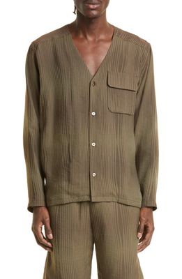 Needles Wave Stripe V-Neck Button-Up Shirt in A-Brown