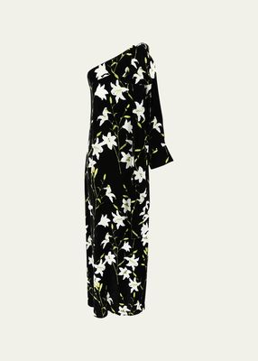 Nel Velvet Floral One-Shoulder Dress with Bow Shoulder
