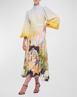 Nellie Coral-Print Balloon-Sleeve Midi Dress