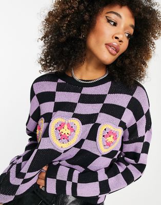 Neon & Nylon crochet heart detail sweater in purple & black checkerboard
