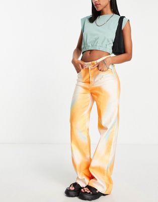 Neon & Nylon high waist wide leg jeans in orange marble print