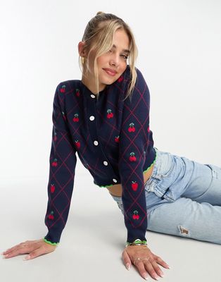 Neon Rose cherry applique pointelle cardigan in navy and red