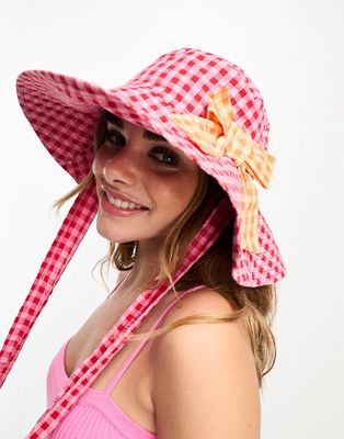 Neon Rose contrast bow detail wide brimmed hat in pink gingham