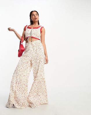Neon Rose ditsy floral print ruffle edge pants in multi - part of a set