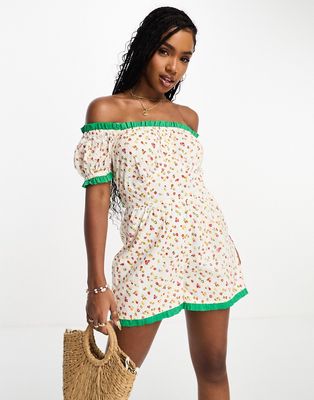 Neon Rose ditsy print bandeau bow back romper in multi