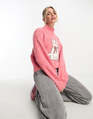 Neon Rose fluffy cat high neck sweater in pink