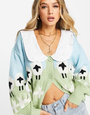 Neon Rose oversized cardigan with collar in scenic sheep knit-Multi