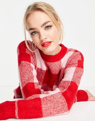 Neon Rose oversized sweater with balloon sleeves in bright check-Multi
