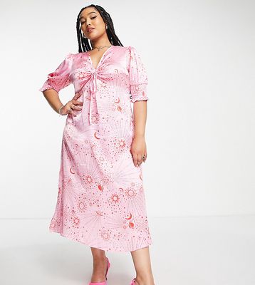 Neon Rose Plus ruched bust midi tea dress in pink red celestial satin