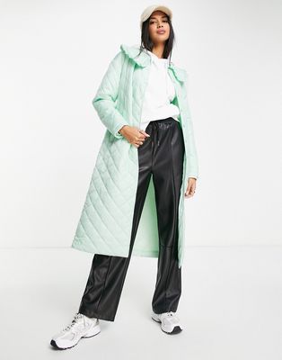 Neon Rose relaxed belted padded coat with collar in pastel mint-Green