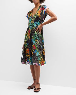Nero Tiered Floral-Print Cap-Sleeve Midi Dress