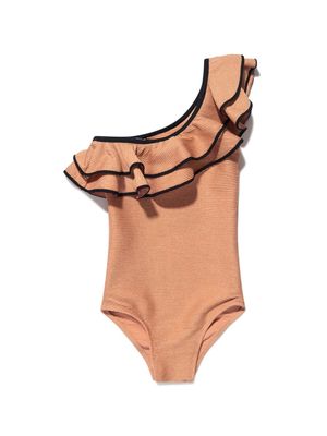 Nessi Byrd Kids Eliza glitter ruffle one-shouder swimswuit - Brown