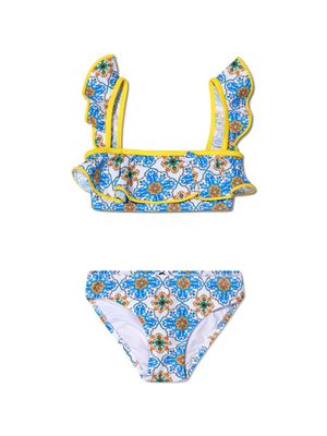 Nessi Byrd Kids geometric-pattern ruffled bikini - Blue