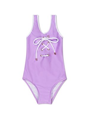 Nessi Byrd Kids lace-up detail contrasting-trim swimsuit - Purple