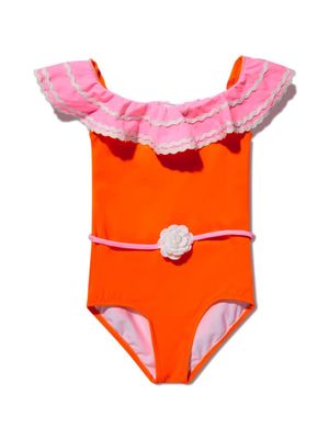 Nessi Byrd Kids Pina ruffle-trim belted swimsuit - Orange