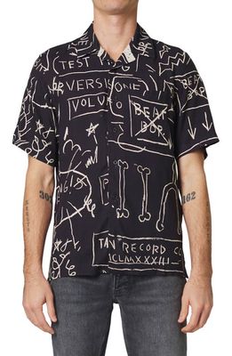 NEUW DENIM x Basquiat 3 Beat Bop Print Short Sleeve Button-Up Camp Shirt in Beat Bop Black