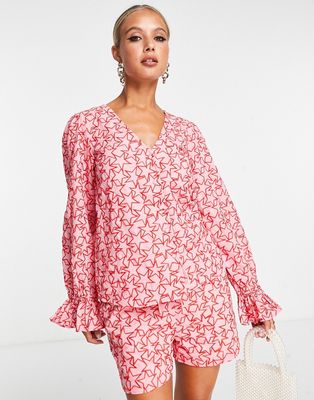 Never Fully Dressed balloon sleeve embroidered blouse in pink star - part of a set