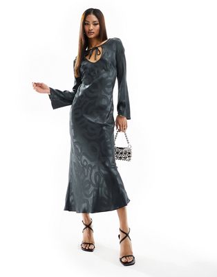 Never Fully Dressed bell sleeve jacquard midaxi dress in charcoal snake-Gray