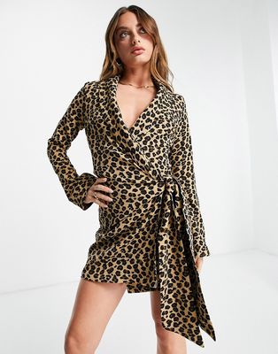 Never Fully Dressed blazer wrap mini dress in leopard print-Multi