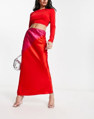 Never Fully Dressed contrast satin midi skirt in pink and red