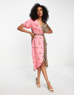 Never Fully Dressed contrast wrap midi dress in cherry leopard print-Multi