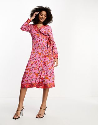 Never Fully Dressed contrast wrap midi dress in pink and red chili print