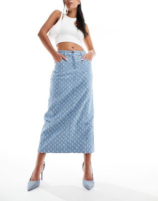 Never Fully Dressed embellished maxi skirt in denim jacquard-Silver