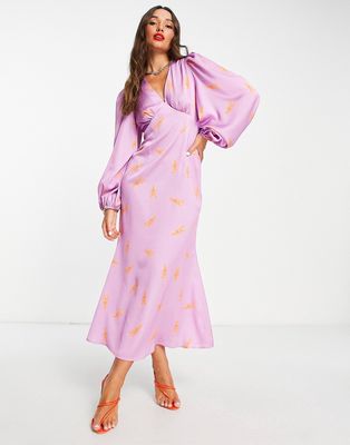 Never Fully Dressed exclusive balloon sleeve maxi dress in orange lobster print-Purple
