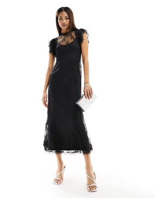 Never Fully Dressed flutter sleeve sheer lace midaxi dress in black