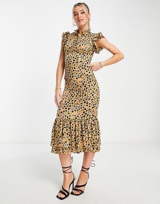 Never Fully Dressed frill sleeve ruffle midaxi dress in leopard confetti-Brown