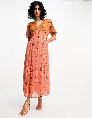 Never Fully Dressed gold jacquard midaxi dress in sunset print-Multi
