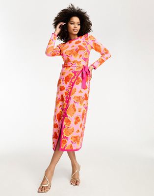 Never Fully Dressed knitted wrap midi dress in pink and orange leopard-Multi