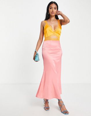 Never Fully Dressed lace cut-out satin midaxi dress in color block-Multi