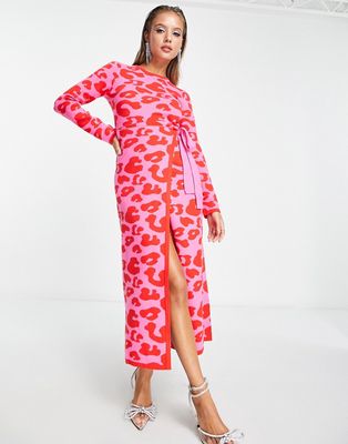 Never Fully Dressed leopard knit wrap midi dress in pink and red-Multi