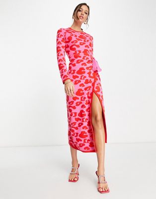 Never Fully Dressed leopard knit wrap midi dress in pink and red