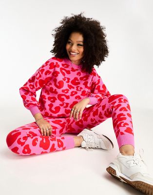 Never Fully Dressed leopard knitted sweater in pink and red - part of a set