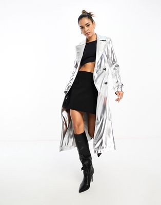 Never Fully Dressed metallic PU midaxi trench coat in silver