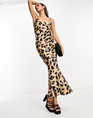 Never Fully Dressed midaxi slip dress in leopard print-Brown
