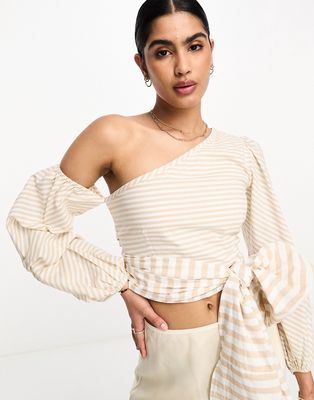 Never Fully Dressed one shoulder tie shirt in neutral stripe