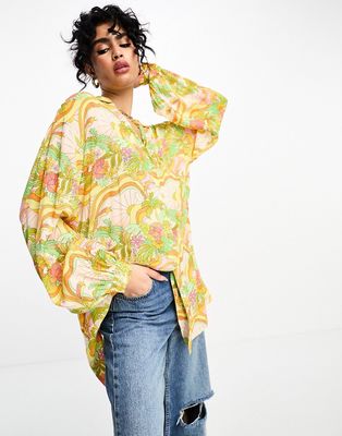 Never Fully Dressed oversized shirt in sunset tropic print - part of a set-Multi