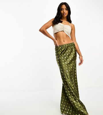 Never Fully Dressed Petite gold fleck satin maxi skirt in khaki-Green