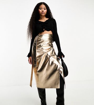 Never Fully Dressed Petite PU metallic wrap midi skirt in gold