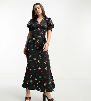 Never Fully Dressed Petite puff sleeve maxi dress in neon paradise print-Black