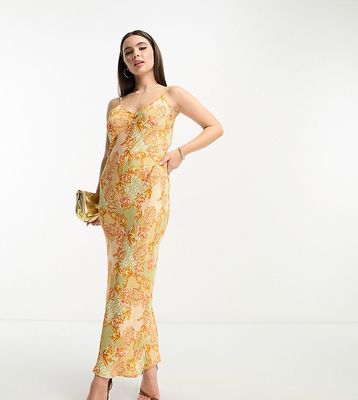 Never Fully Dressed Petite satin slip maxi dress in lavish gold floral