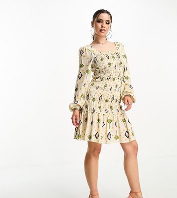 Never Fully Dressed Petite shirred mini dress in gold palm print