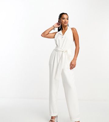 Never Fully Dressed Petite tailored wrap jumpsuit in cream-White